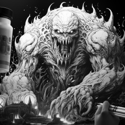 monster made of lava shooting a lava minigun