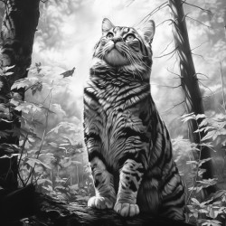 realistic large cat wellproportioned cat has wings the cat has no fur markings or stripes standing in a forest one paw raised slightly realistic detailed