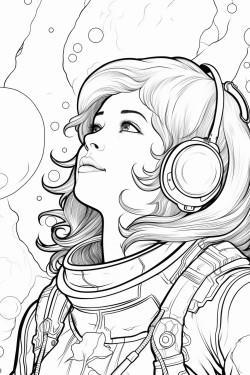 a woman in an astronaut costume looking up at the sky