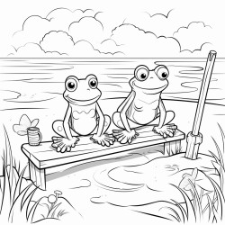 kawai cartoon frogs at beach scene