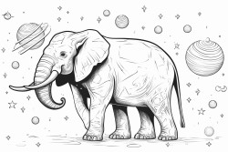 an elephant floating in space with planets in the background