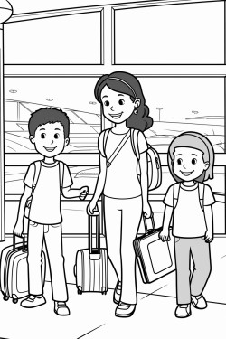 a small african american boy an asian girl and a caucasian girl with luggage in an airport terminal