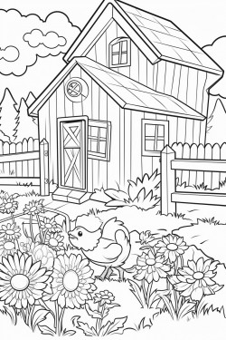 ferme avec animaux une maison  ct avec des volets un jardin un champs