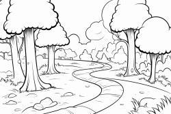 forest path with long trees and with leaves falling around them and some mushrooms coloring pages for kids cartoon style thick lines low details black and white no shading