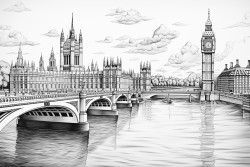 black and white adult coloring book page cubism art style a montage imge of london main attractions