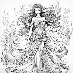 a worrier queen flames fire flowers long flowing clothes
