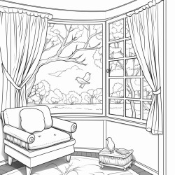 inside of bedroom big window with tree outside bird nest