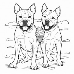 two pitbulls eating ice cream