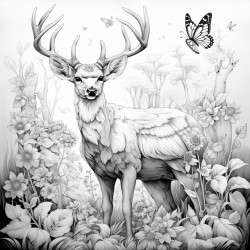 describing image of deer in jungle and rabbit and more butter flys in jungle trees