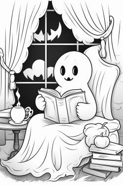 a friendly ghost sipping tea in a cozy candlelit room filled with books and soft pillows