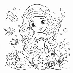 bolt and simpel black and wite coloring page of cute mermaid sarounded by sea creachers and seashells clipart style