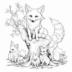 wild fox and its babies under a tree