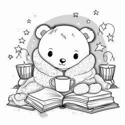a cute ghost in fuzzy socks reads a book sipping tea in a cozy bedroom with string lights cobwebs and fall decor