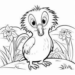a cartoon character of a kiwi with a face in a garden