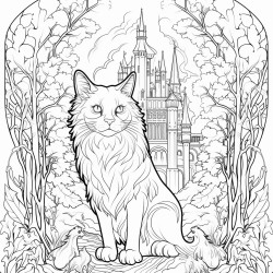 un chat fantastique dans une foret medievale
