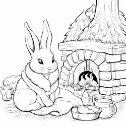 a cute rabbit curled up by a cozy fireplace with a stack of firewood nearby