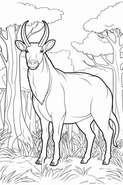 a tamaraw standing in a clearing in a forest with tall trees and shrubs around it