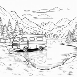 a camper van parked next to a calm lake some kids