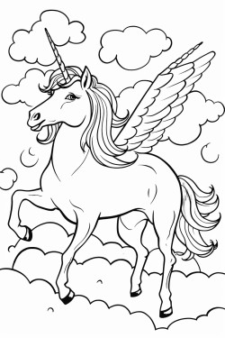 unicorn bersayap terbang di atas awan