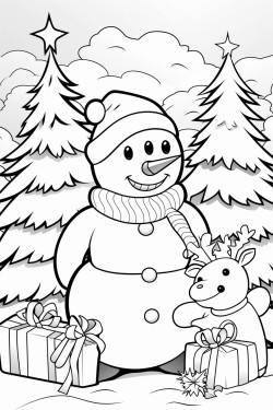 christmas snowman with deer in the christmas forest
