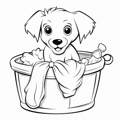puppy playing in a laundry basket of clothes with washer and dryer in the background