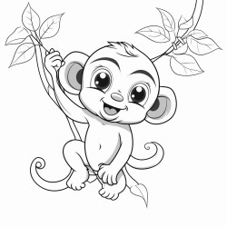 bw coloring book page baby monkey  swinging from a vine line art solid white background