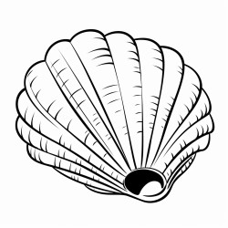 the illustration should be in super simple black and white bold line art with a clear mostly empty background includes only outlines with no filled in black areas ensuring no shading no complex images and making it very easy to color in between the lines a cute clam in the ocean