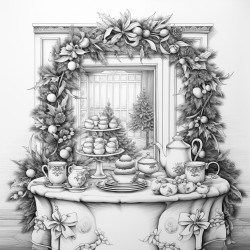 a coloring book page of a vintage holiday tea party with elegantly set table featuring teapot cup and seasonal treats table is decorated with a long wreath and a christmas tree near the table there should be a white background with open space between the lines leaving room for hand coloring