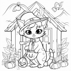 witchy cute cat in a cottage house