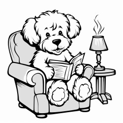 fluffy teddy dog in an armchair reading a book with a lamp