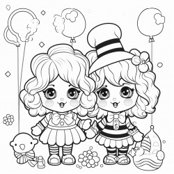 kawaii clowns with balloons and presents rainbows
