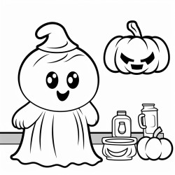 a cute simple ghost carving a pumpkin in kitchen
