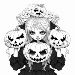 dark animation of two girls wearing pumpkin heads one holding a females head in her hands