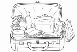 prompt travel packing an open suitcase filled with clothing beauty products and travelsized accessories coloring page