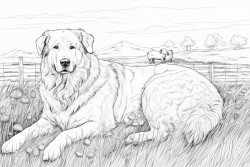 great pyrenees resting in a field with sheep