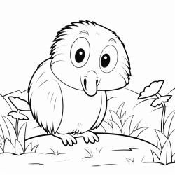 a cartoon character of a kiwi with a face in a garden