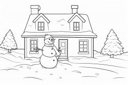 snowman outside of a warm farm house