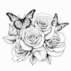 create a blackandwhite coloring page of blooming roses with bold defined petals include butterflies hovering or landing on the roses keeping their wings detailed but simple with bold lines ensure the design is elegant and clear with ample open spaces for easy coloring