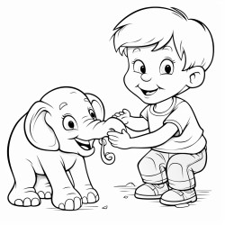 elephant playing with little boy