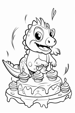 cartoon dinosaur on a birthday cake decorated with mushrooms