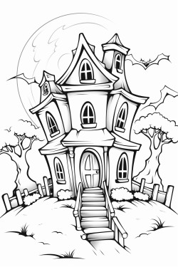 haunted house with ghosts coming out of the windows