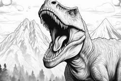 a tyrannosaurus rex roaring on a cliff with a volcano erupting in the background