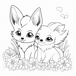 a unicorn and a fennec fox sit in the flowers
