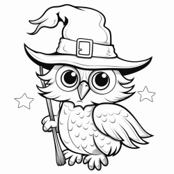 an owl wearing a witchs hat riding a broomstick