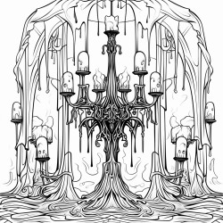 a tall gothic candelabra with melting candles surrounded by dark flowing curtains
