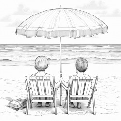 kids at the beach with their supplies by their chair under a umbrella