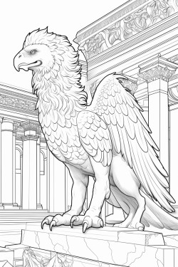 a powerful griffin standing guard in front of an ancient temple with detailed feathers and stone carvings