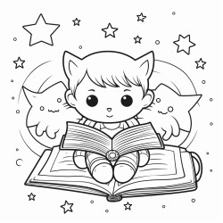 a little alien reading a book under a starry sky with a cute cat curled up next to them
