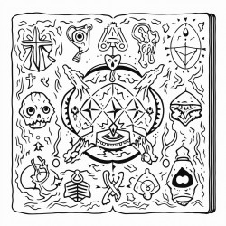 a wizards spellbook with norse runes magical creatures and alchemy symbols