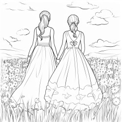 the backs of two brides in a field of flowers
